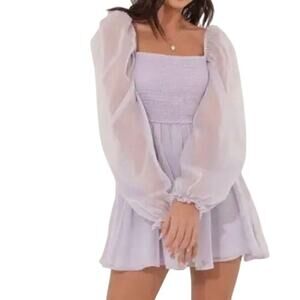 Lucy in the Sky Lavender Puff Sleeve Chiffon Dress XS Smocked Bodice Tie Back